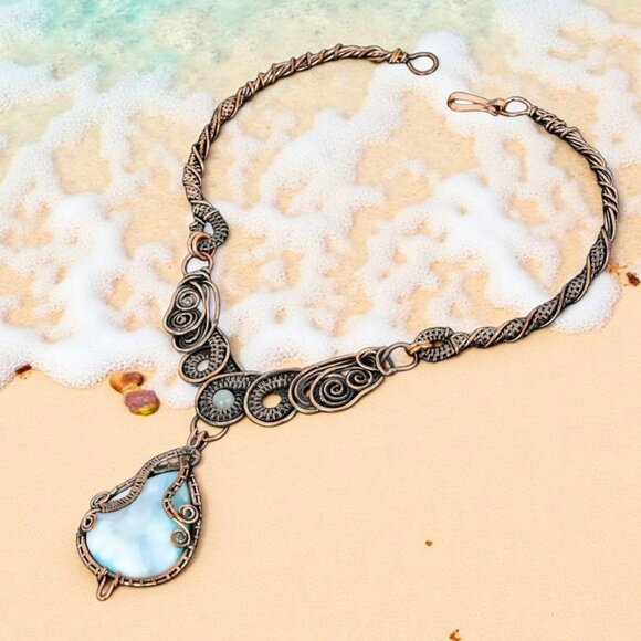 Handmade ✦ Full Wire Wrap Larimar & Quartz Necklace ✦ Artisan Copper Statement - Picture 7 of 9